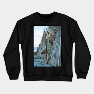 Sexy woman in cardigan on the sea shore Crewneck Sweatshirt